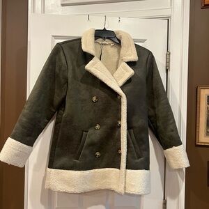 Candace Cameron Bure Olive Teddy Jacket with Cream Accents